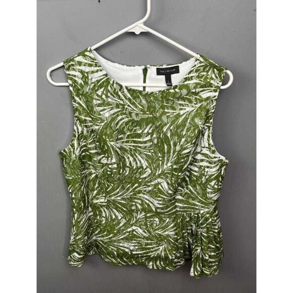 THE LIMITED Top Womens Large Tropical Lace Lined Pleated Peplum Tank Green White